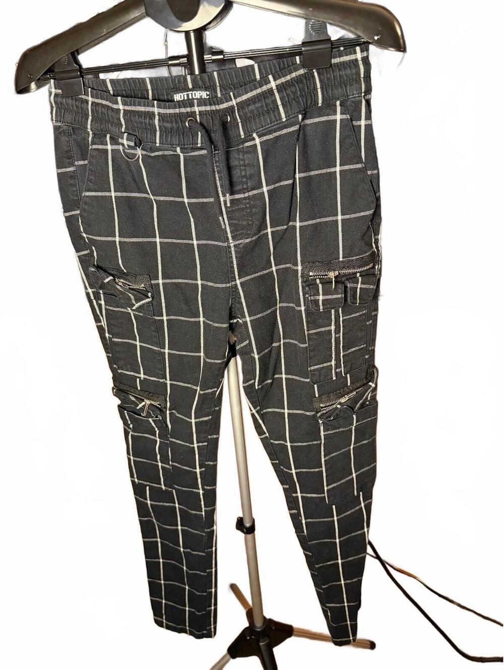 Hot Topic Plaid Checkered Cargo Pants w Zipper Pockets sz S/M Mens vintage